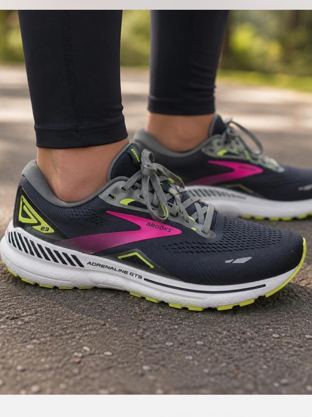 Brooks Adrenaline GTS 23 women size 8 - Black with Pink & Neon Yellow Accents